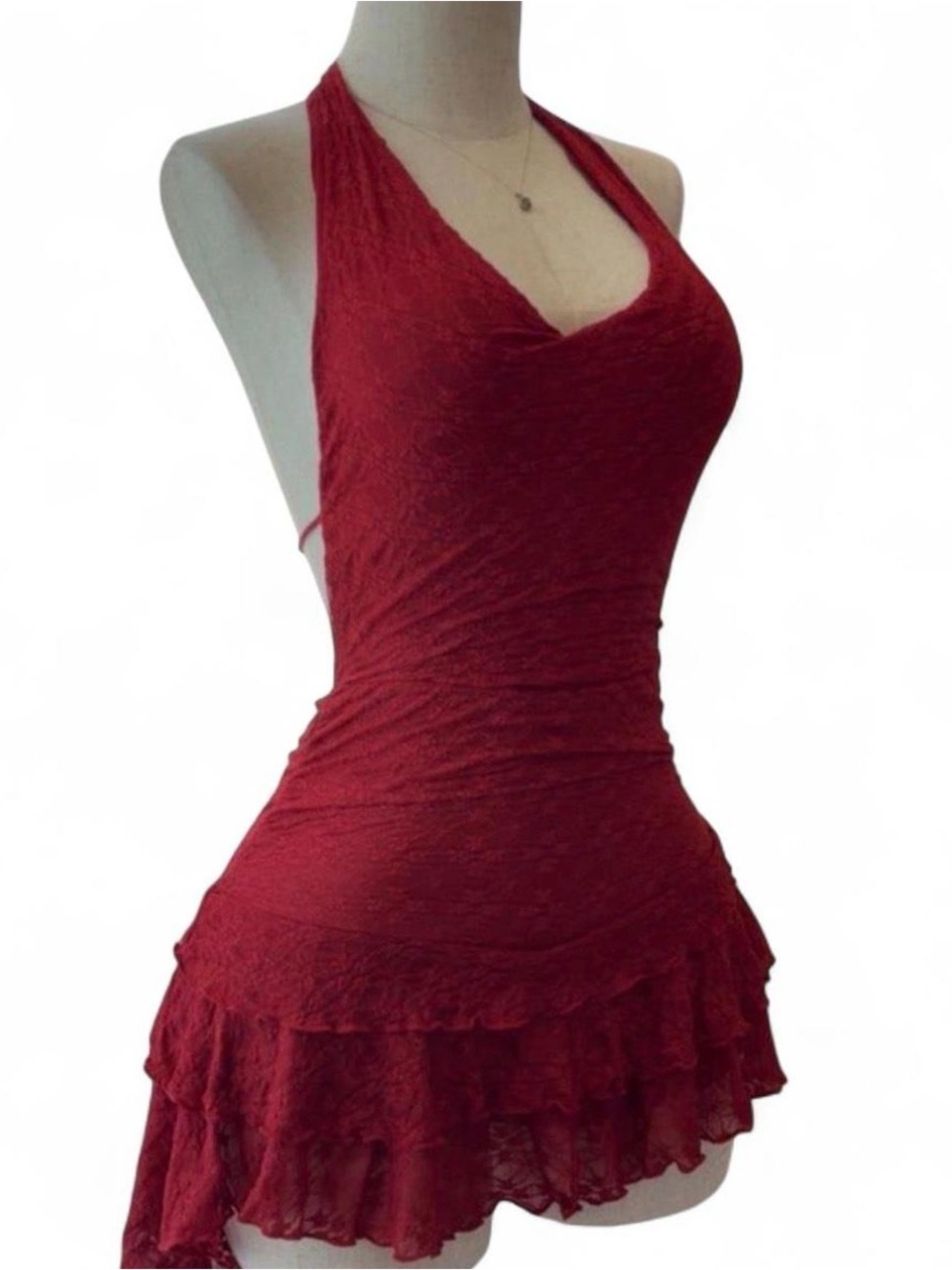 Red Lace Halter Mini Dress with Ruffle Hem - Picture 2 of 7